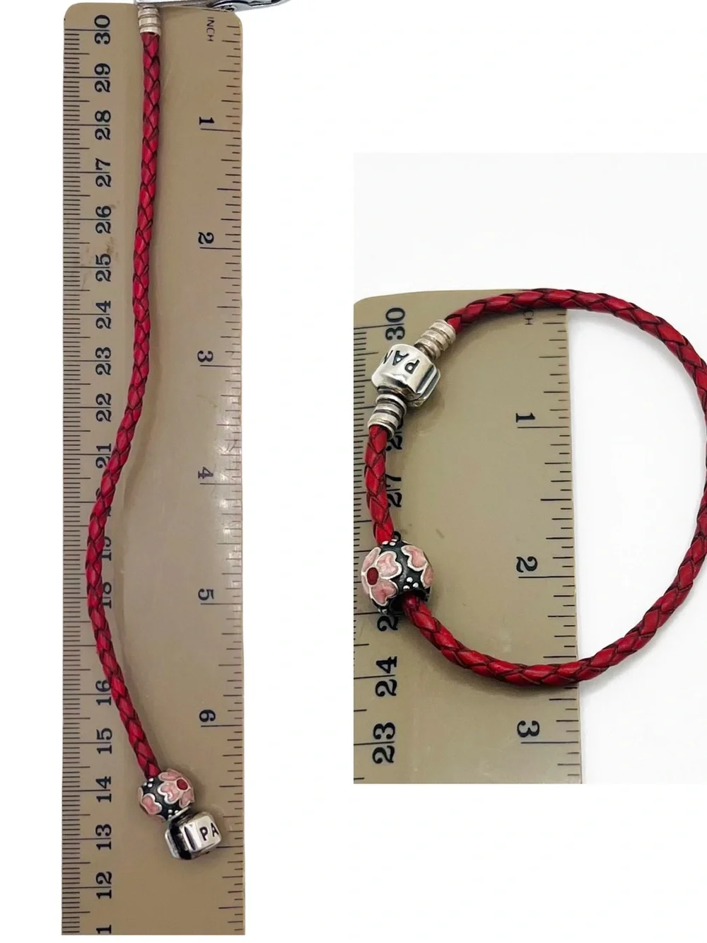 Pandora Moments Dark Pink Burgundy Braided Leather Bracelet w/Flower Bead